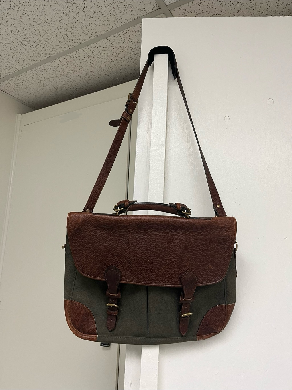 Holland/Mulholland Brothers Brown Leather And Canvas Messenger Bag, Made In Usa